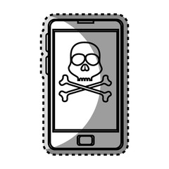 monochrome contour sticker with cell phone with virus skull and bones vector illustration