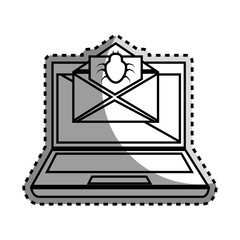 monochrome contour sticker with laptop computer and virus mail vector illustration