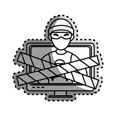 monochrome contour sticker with lcd monitor with hacker and warning tape vector illustration