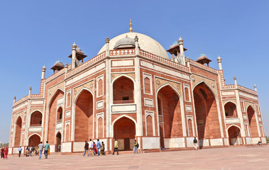 Fototapeta na wymiar Mughal Emperor Humayun tomb in New Delhi, India was commissioned by his wife Bega Begum in 1569-70, designed by Persian architect Mirak Mirza. Many Mughal rulers lie buried here.