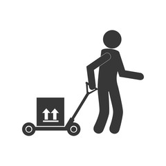monochrome pictogram of man and hand truck and packages vector illustration