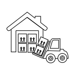 monochrome contour with storage cellar with multiple boxes and forklift truck vector illustration