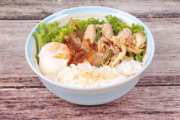 Japanese rice topped boil eggs and fried pork.