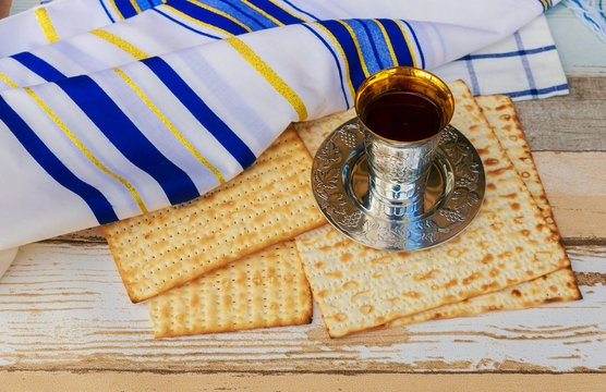 Stilllife with wine and matzoh jewish passover bread