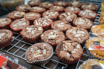 Bread or bakery on shelf staple food with a group of baked goods from dough or home cooking in store or supermarket
