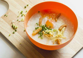 Boiled rice with pork ,porridge with pork is breakfast