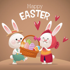 happy easter card couple bunny basket egg vector illustration eps 10