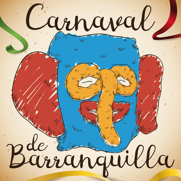 Colorful Hand Drawn Marimonda Design and Ribbons for Barranquilla's Carnival, Vector Illustration