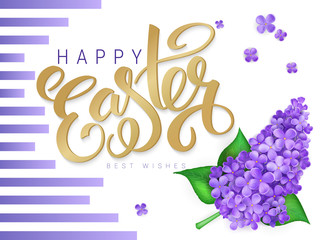 Vector happy easter poster with lettering, lilac flowers, doodle branches and stripes