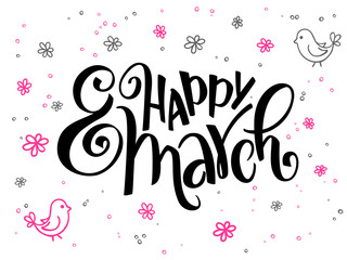 vector hand lettering greetings text - happy womens day with doodle flowers and bubbles