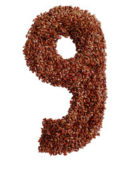 Number 9 made with Linseed also known as flaxseed isolated on white background