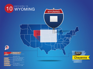 Sign of State American in Road Style on Map USA. WYOMING State with Information Area Ranked & Capital City Name, vector art image illustration