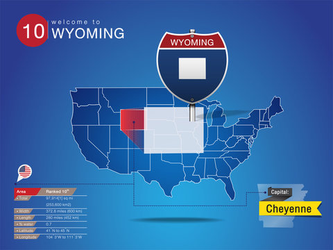 Sign of State American in Road Style on Map USA. WYOMING State with Information Area Ranked & Capital City Name, vector art image illustration