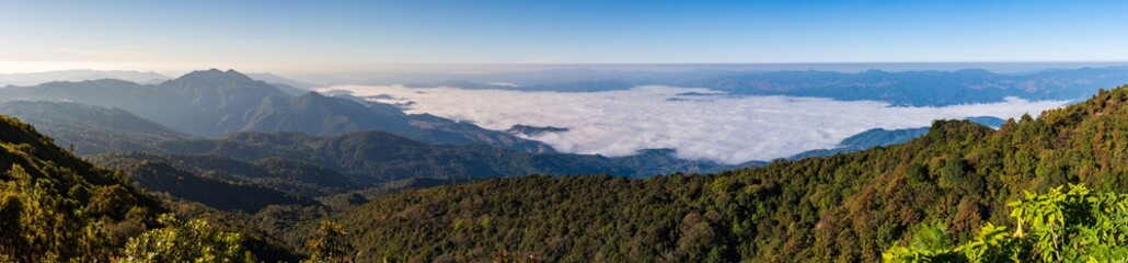 panorama view of Misty mountain forest fog at doi inthanon national park of Chiang mai, thailand