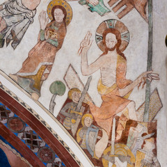 Medieval fresco, Jesus rises from the tomb on easter sunday