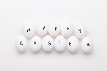 Simple Happy Easter writing on white eggs