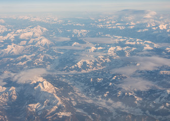 Aerial view of the eastern Alps in Europe during winter season with fresh snow. February 2017
