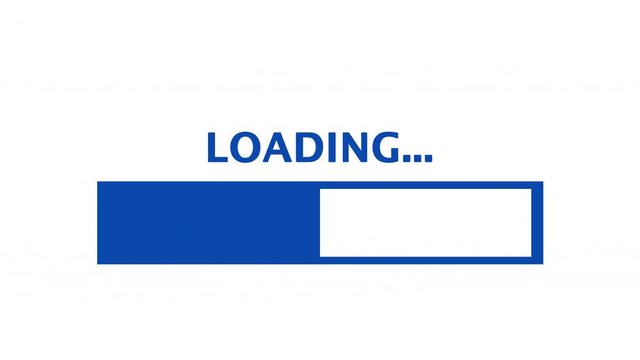 Clean blue retro style loading text with progress bar. White background.
