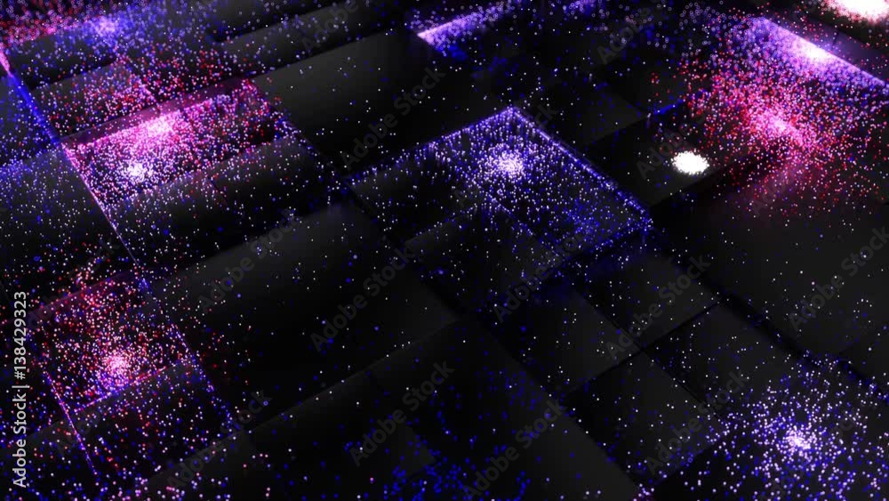 Poster 3d rendering abstract loopable background. cubes randomly lift up and down. bright particles fall do