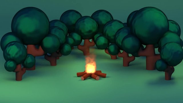3D Cartoon Forest And Campfire Looped. Beautiful outdoor forest scene. Pile of small logs and fuel woods with burning flame. Use it as background, intro, opener or logo revealer for your video project