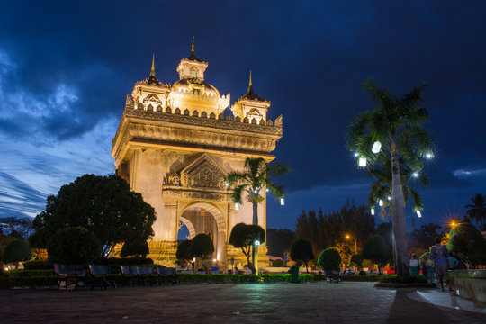 Patuxai monument at night in Vientiane, Laos