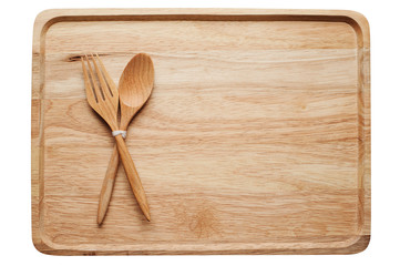 wooden plate with spoon fork
