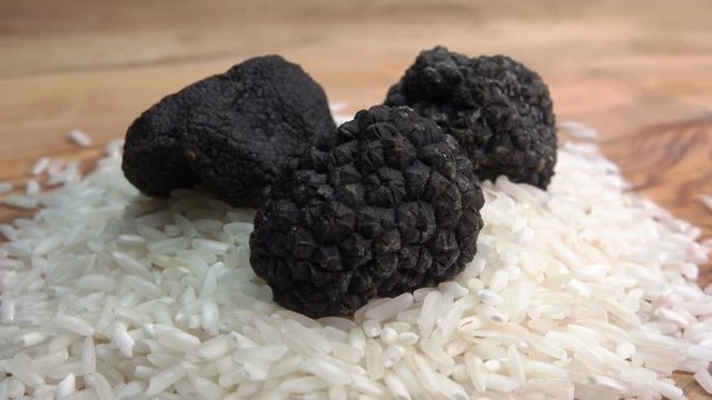 Close-up of black truffles lying on rice