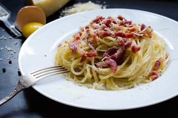 Pasta Carbonara. Spaghetti with bacon and parmesan cheese.