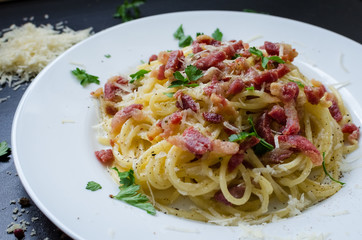 Pasta Carbonara. Spaghetti with bacon and parmesan cheese.