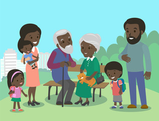 Big African family characters with mother father grandmother grandfather kids baby child set. Vector. Familiar meeting in the park. Indian brown skin