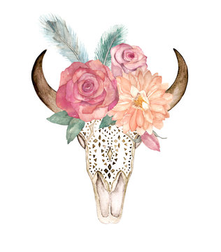 Watercolor isolated bull's head with flowers and feathers on white background. Boho style. Ornamental skull on whitebackground for wrapping, wallpaper, t-shirts, textile, posters, cards, prints