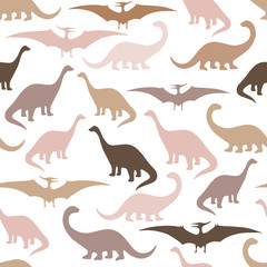 Seamless pattern with cartoon dinosaurs. For cards, party, banners, and children room decoration.