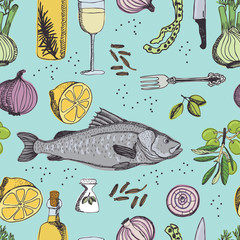 Sea Bass Seamless pattern Sketch style