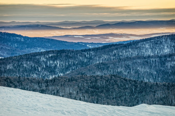 Bieszczady mountains in winter, beautiful sunrise - obrazy, fototapety, plakaty