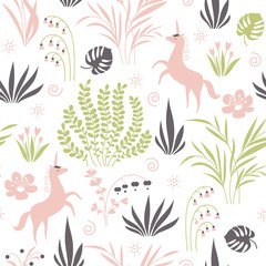 seamless pattern with plants and unicorns