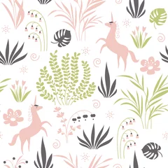 Gordijnen naadloos patroon met planten en eenhoorns © LenLis