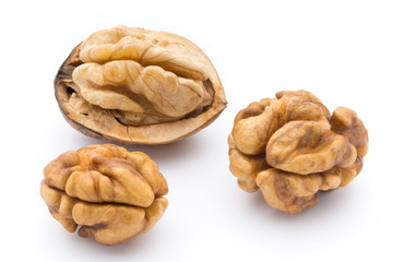 Walnut and walnut kernel isolated on the white background.
