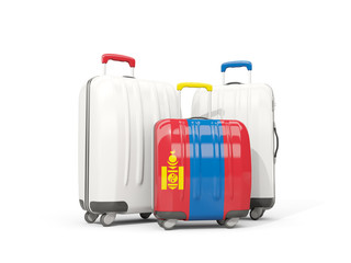Luggage with flag of mongolia. Three bags isolated on white