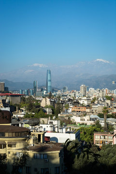 Santiago de Chile with Los Andes mountain range in the back. Vertical photo.