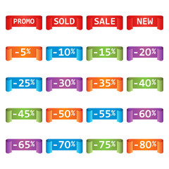 Set of colorful sale tag labels. Discount up to 5 - 80 percent. Shopping vector illustration on white background.