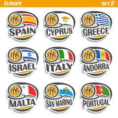 Vector set Flags of European Countries with Basketball Ball: Logo national basketball Teams, Sport group countries of Europe, icons european flag fiba team with orange ball, logo sport flags of europe