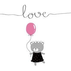 The cover design. Depicts Teddy bear in dress, one balloon pink and the word love in black on a white background. Can be used as greetings for birthday.