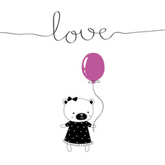 The cover design. Depicts Teddy bear in dress, one balloon ribbon and the word love in black on a white background. Can be used as greetings for birthday.