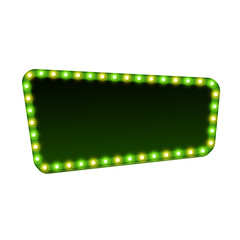 Blank 3d retro light sign with shining bulbs isolated on white background. Green street signboard with yellow and green marquee lights and dark backdrop. Advertising frame Colorful vector illustration