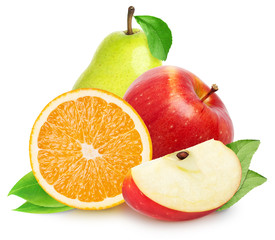 Isolated fruits. Red apple fruit with orange slice with pear isolated on white with clipping path