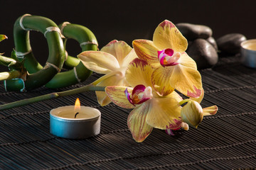 Fototapeta na wymiar Gelbe Orchideen auf einer Bambusmatte mit Kerzen und schwarzen Steinen