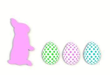 Colorful easter eggs with rabbit isolated on white background, paper art and craft style.