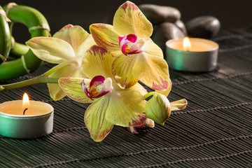 Obraz na płótnie Canvas Gelbe Orchideen auf einer Bambusmatte mit Kerzen und schwarzen Steinen