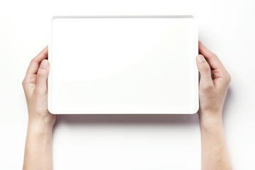 woman hand hold a white plastic empty box isolated white.