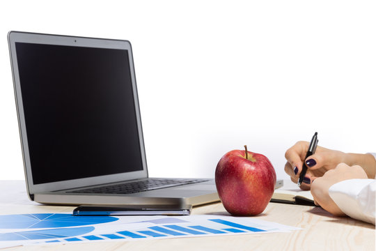Business woman in an office holding red apple - Clipping Path